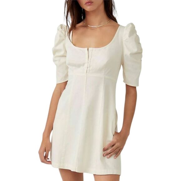 FREE PEOPLE Cheyenne Daytime Denim Ivory Mini Dress Size Large - Picture 1 of 16